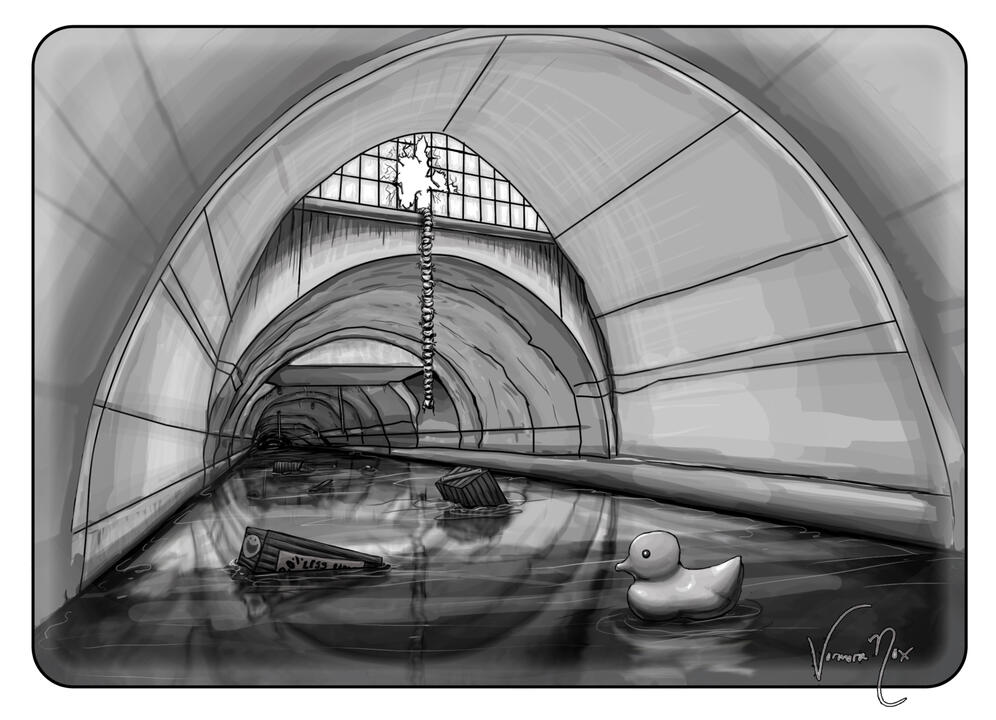 Junk Drawer Heroes - Flooded Tunnel - Digital Illustration for RPG Book (RPG by Christian Malleck)