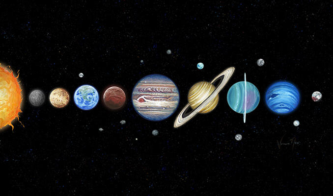 Planetary Chart in Gouache and Stars Digitally Painted